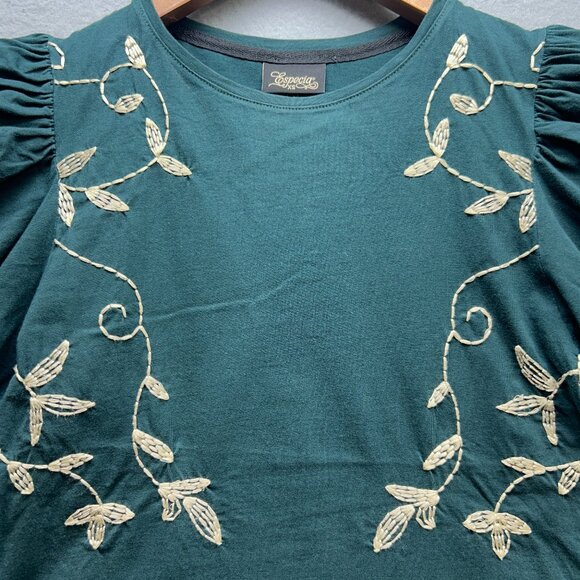 Especia Shirt Womens XS Green Embroidered Puff Sleeve Smocked Cuff Boho Top Rare - Picture 2 of 9